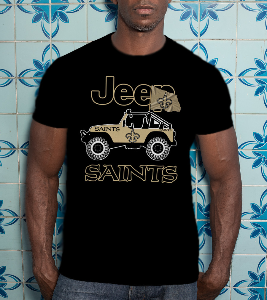 New Orleans Saints Jeep Vehicle With Fleur-De-Lis Flag T-Shirt