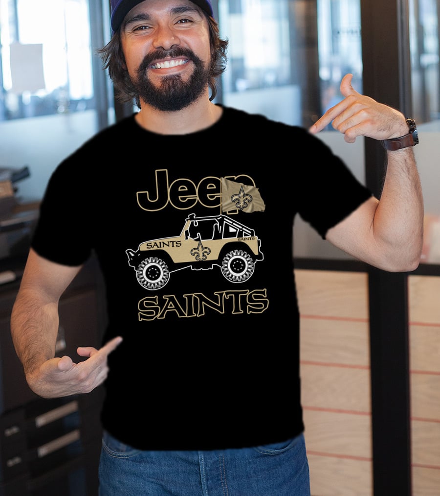 New Orleans Saints Jeep Vehicle With Fleur-De-Lis Flag T-Shirt