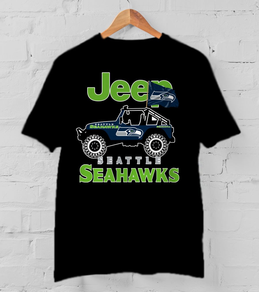 Jeep Seattle Seahawks Team Logo With Flag And Off-Road Vehicle T-Shirt