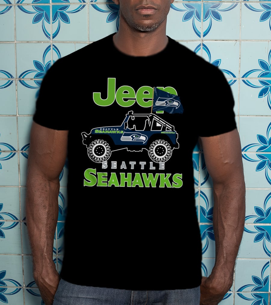 Jeep Seattle Seahawks Team Logo With Flag And Off-Road Vehicle T-Shirt