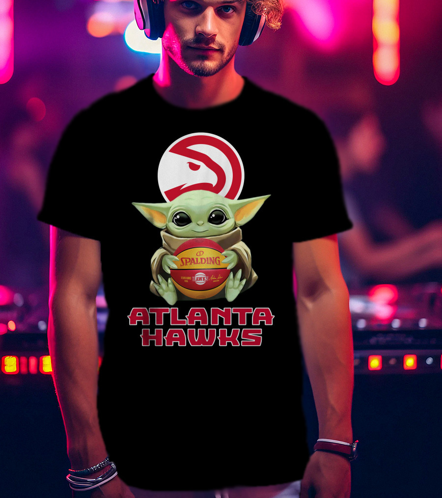 Atlanta Hawks Baby Yoda With Spalding Basketball And Hawks T-Shirt