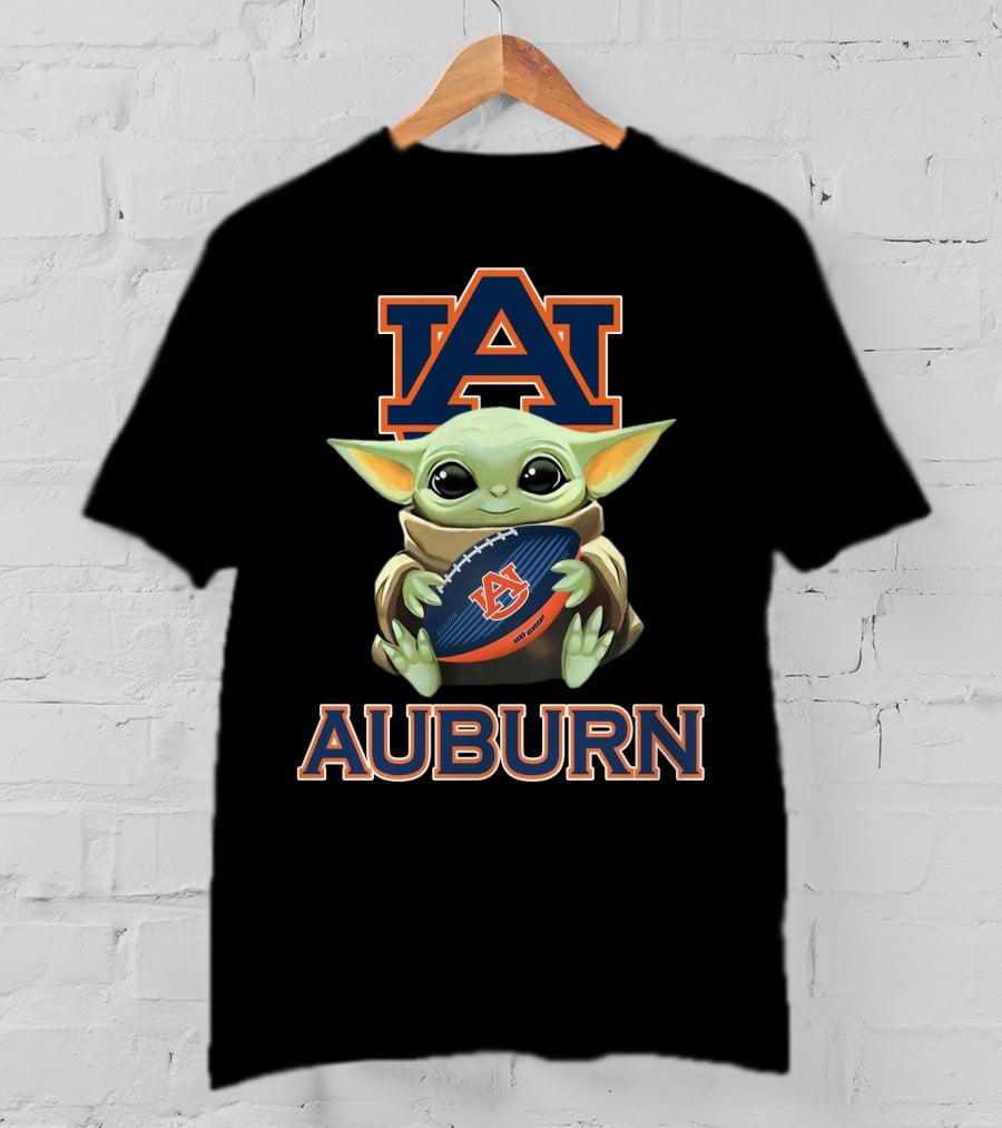 Auburn Tigers Baby Yoda Holding Football With Auburn T-Shirt