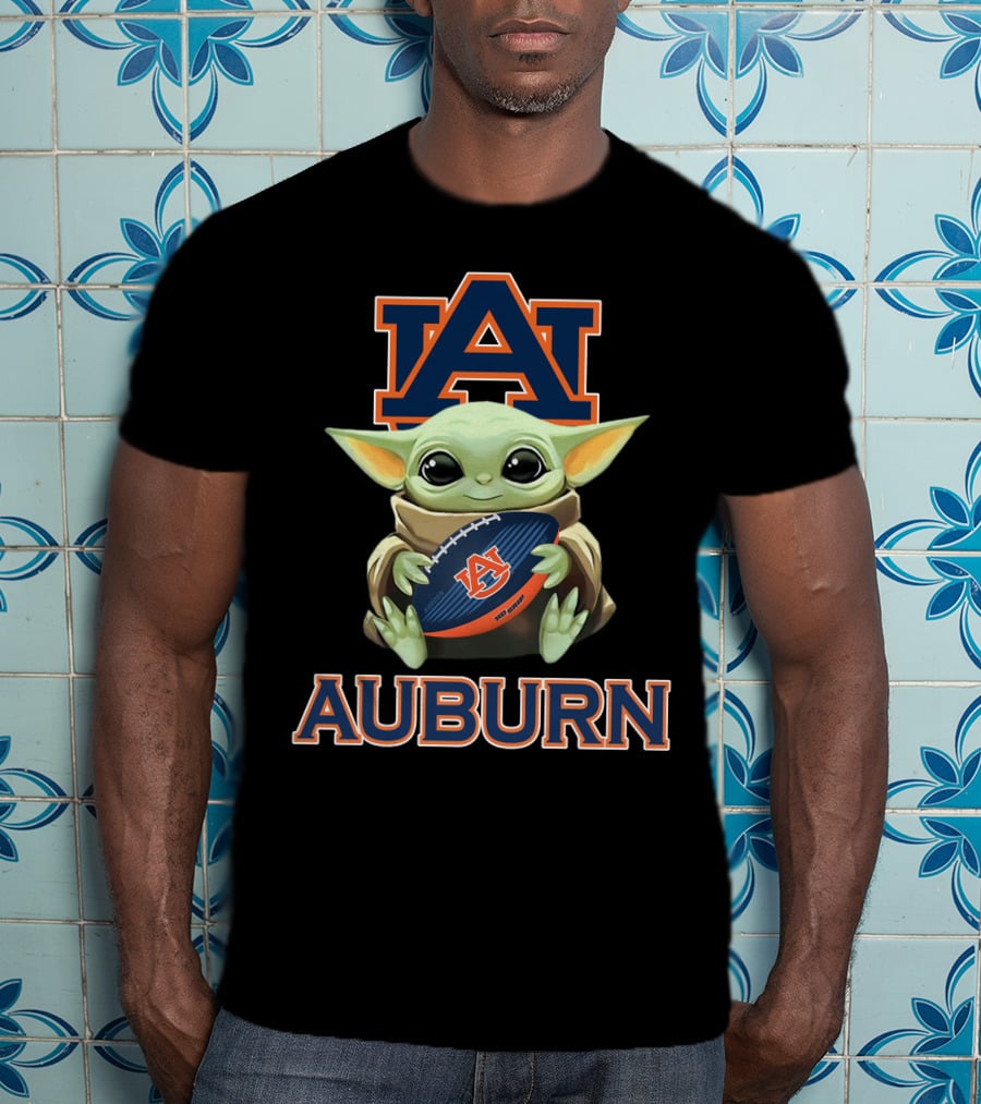 Auburn Tigers Baby Yoda Holding Football With Auburn T-Shirt