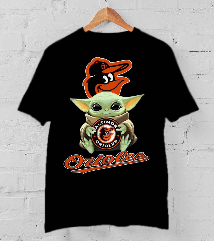Baltimore Orioles Baby Yoda Holding Logo With Mascot And Team Name T-Shirt