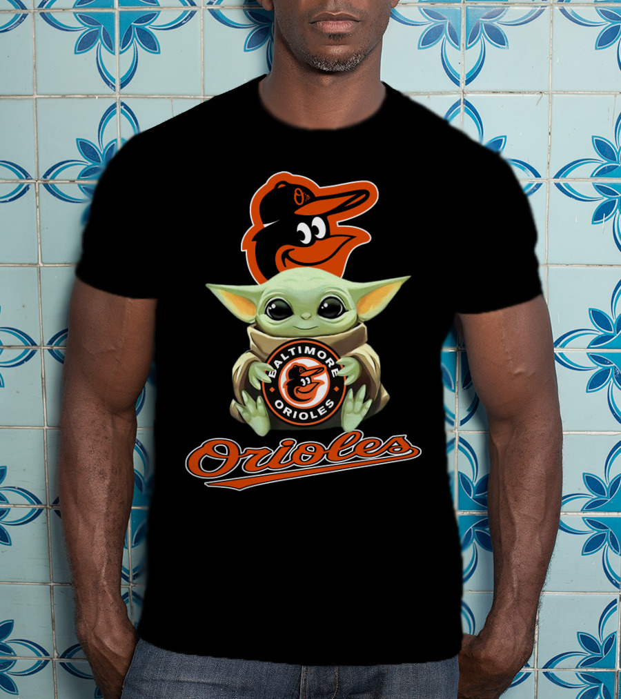 Baltimore Orioles Baby Yoda Holding Logo With Mascot And Team Name T-Shirt