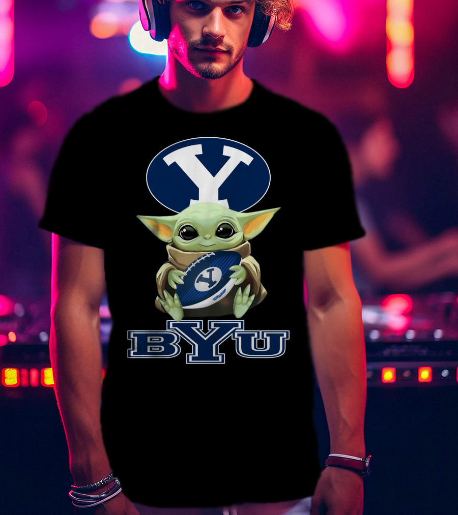 Byu Cougars Baby Yoda Holding Football With Byu T-Shirt