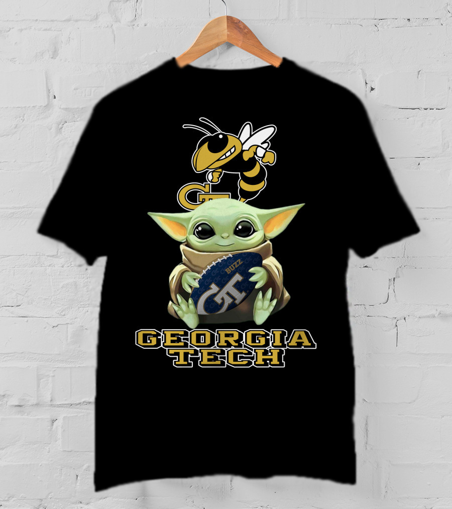 Georgia Tech Yellow Jackets Baby Yoda Holding Buzz Football T-Shirt