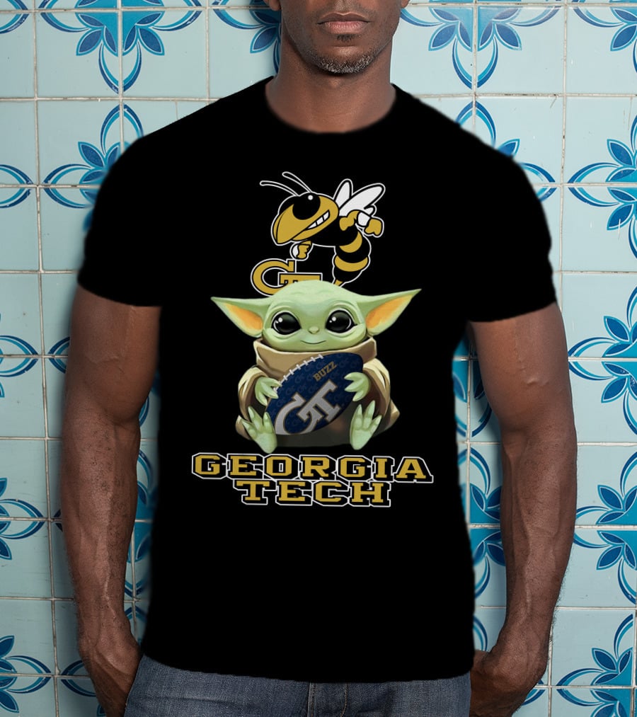 Georgia Tech Yellow Jackets Baby Yoda Holding Buzz Football T-Shirt