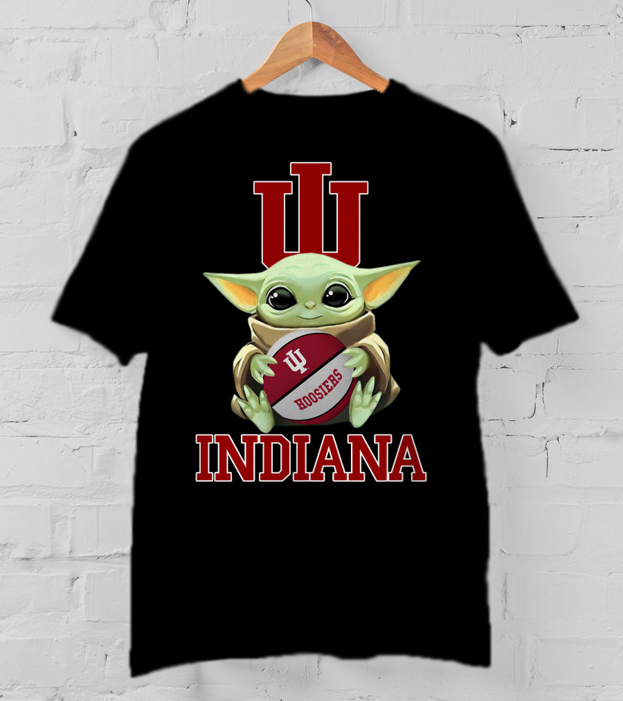 Indiana Hoosiers Baby Yoda With Iu Logo And Football T-Shirt