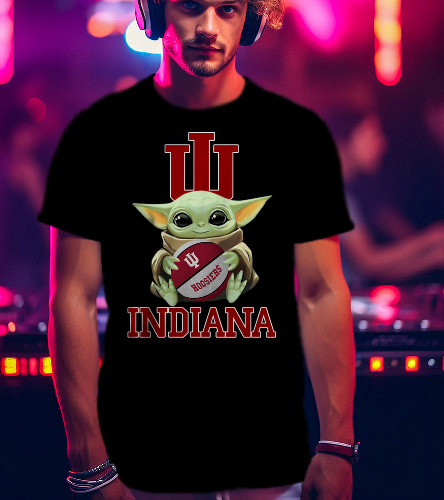 Indiana Hoosiers Baby Yoda With Iu Logo And Football T-Shirt