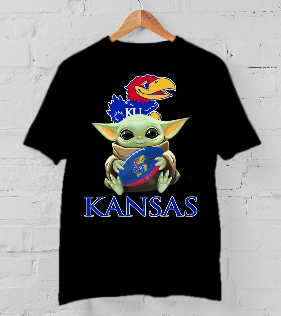 Kansas Jayhawks Baby Yoda Football Holding Ku T-Shirt
