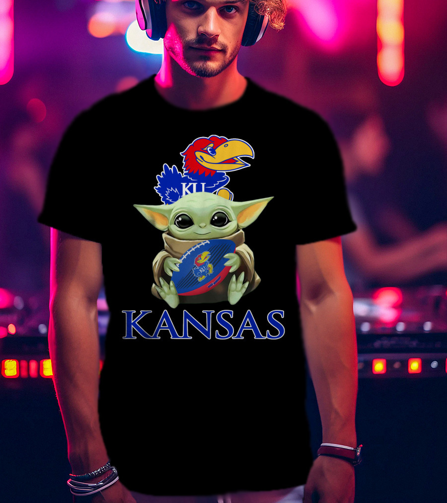 Kansas Jayhawks Baby Yoda Football Holding Ku T-Shirt