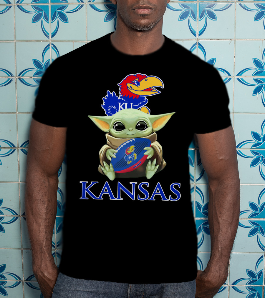 Kansas Jayhawks Baby Yoda Football Holding Ku T-Shirt