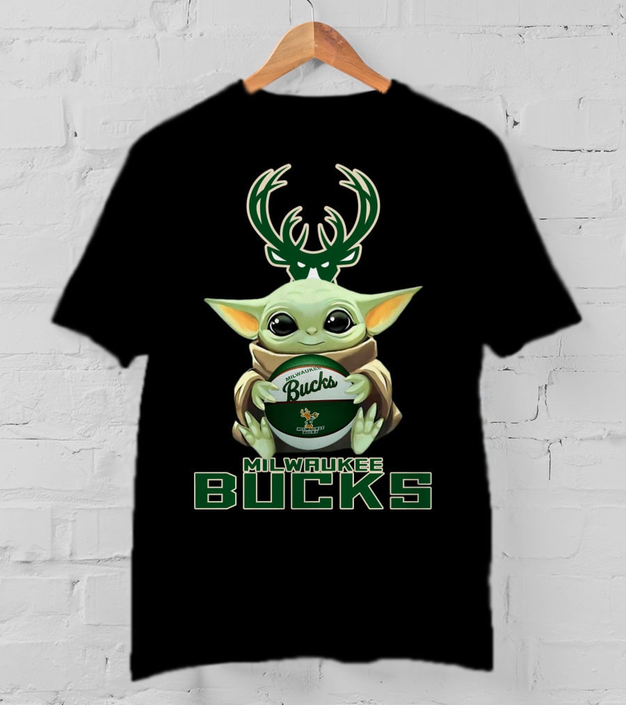 Milwaukee Bucks Baby Yoda Holding Bucks Basketball Star Wars Crossover T-Shirt