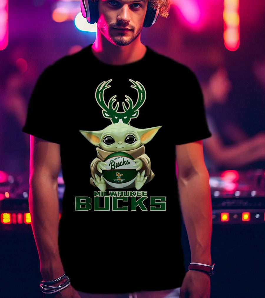 Milwaukee Bucks Baby Yoda Holding Bucks Basketball Star Wars Crossover T-Shirt