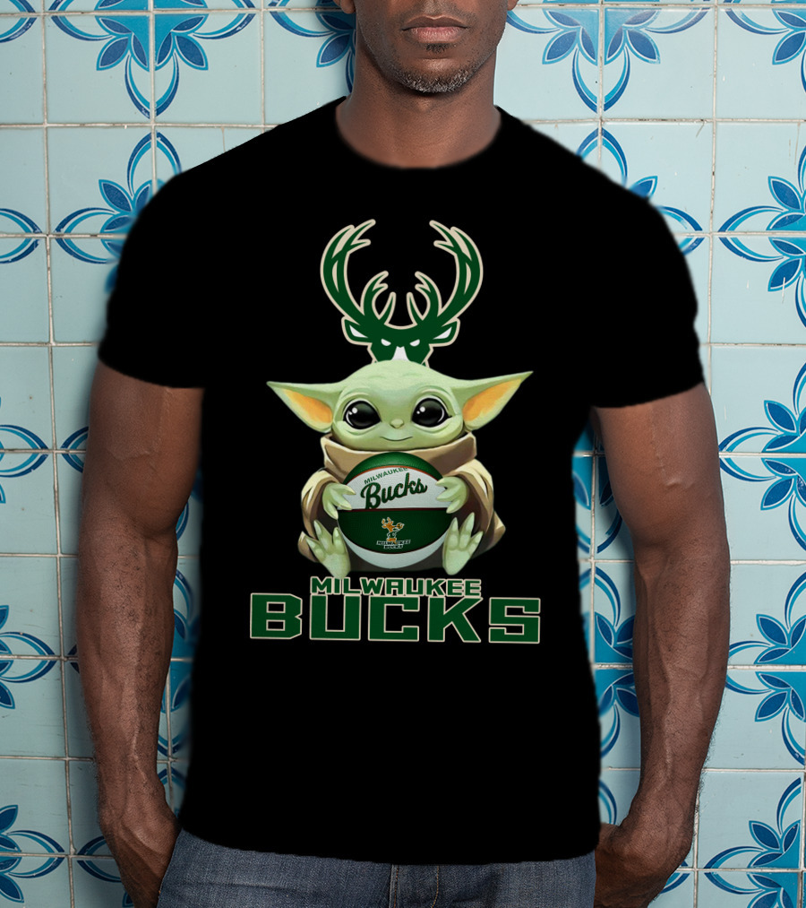 Milwaukee Bucks Baby Yoda Holding Bucks Basketball Star Wars Crossover T-Shirt