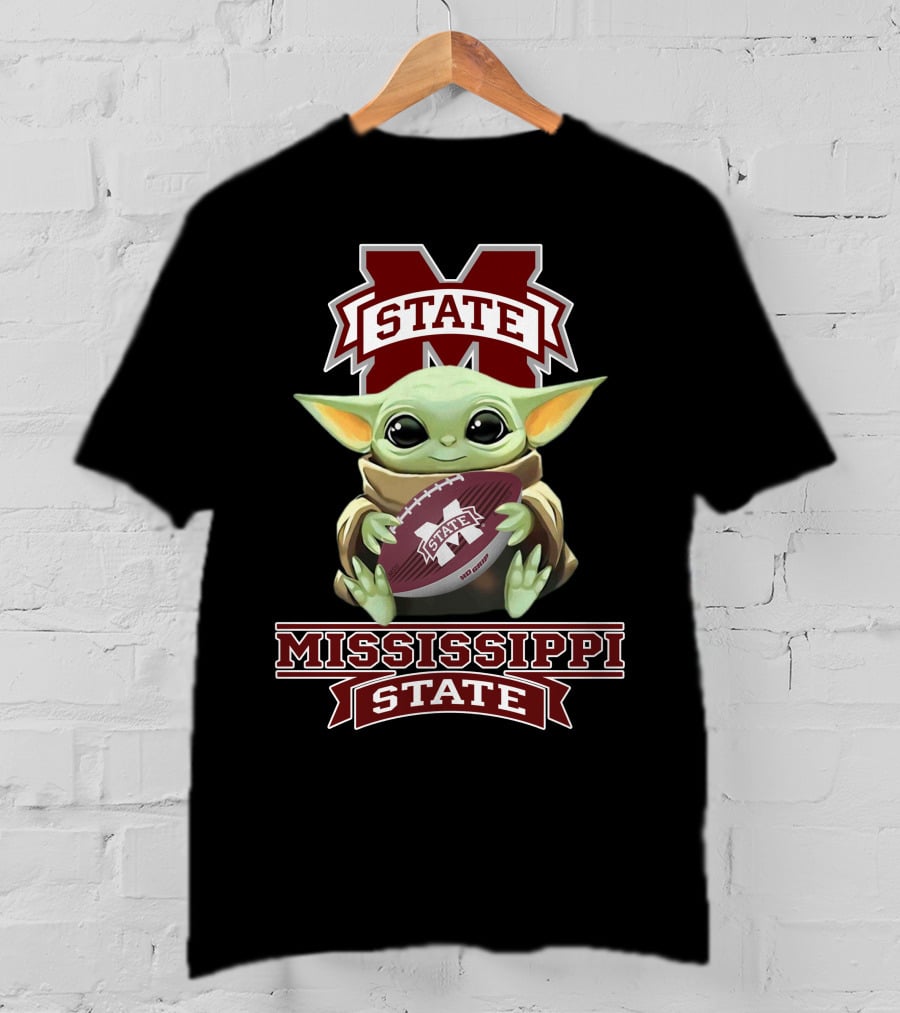 Mississippi State Bulldogs Baby Yoda Holding Football T-Shirt