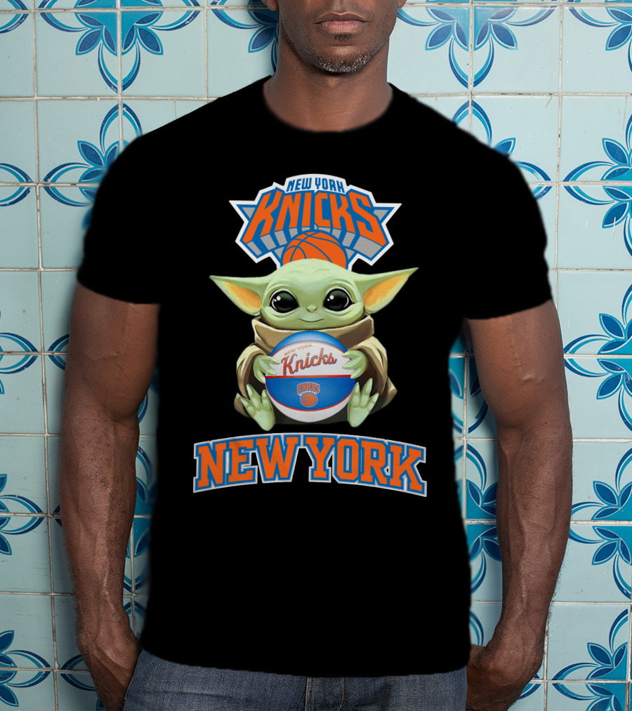 New York Knicks Baby Yoda Holding Basketball T-Shirt