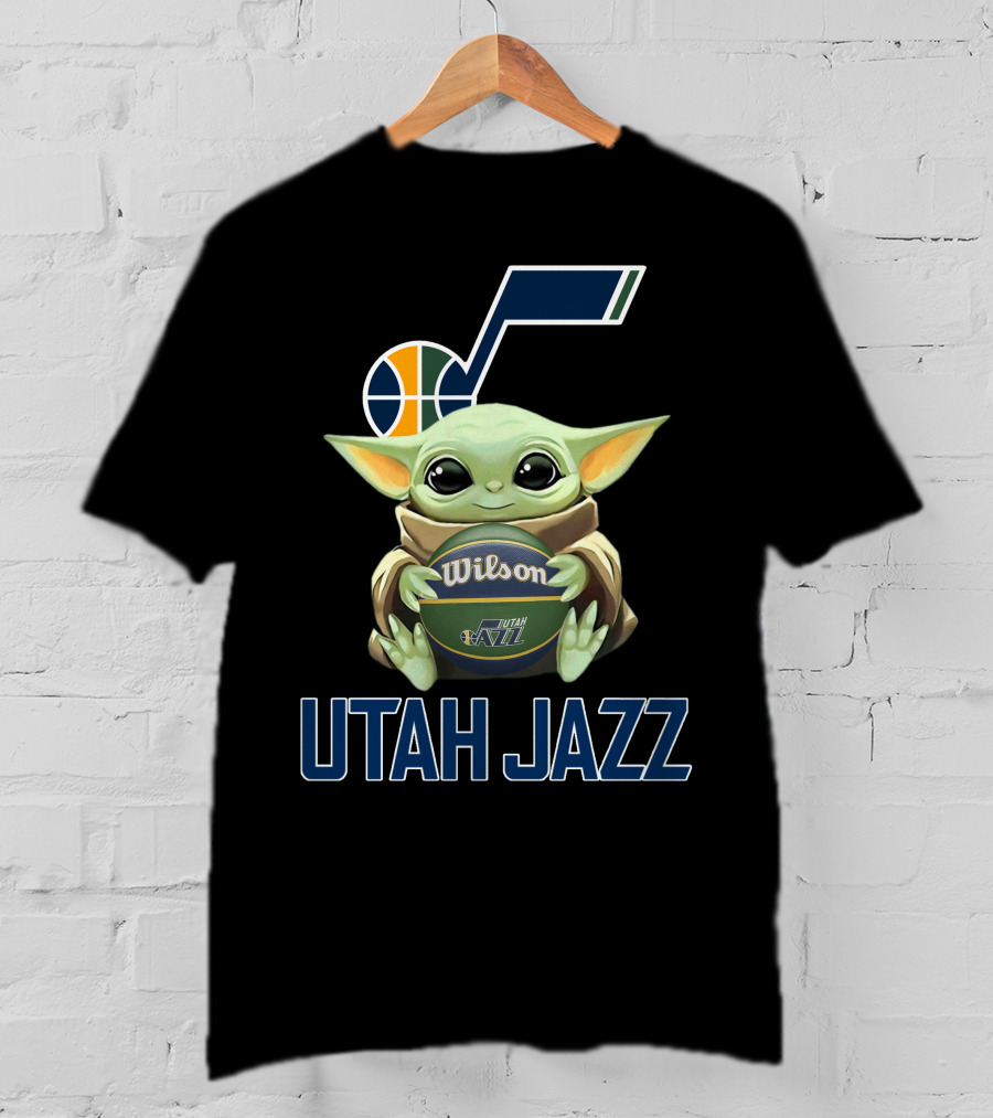 Utah Jazz Baby Yoda Holding Wilson Basketball T-Shirt