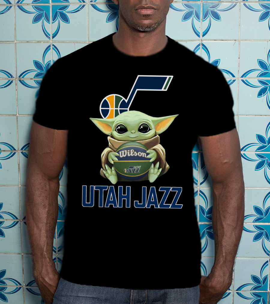 Utah Jazz Baby Yoda Holding Wilson Basketball T-Shirt