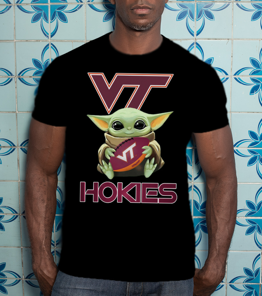 Vt Hokies Baby Yoda Football T-Shirt