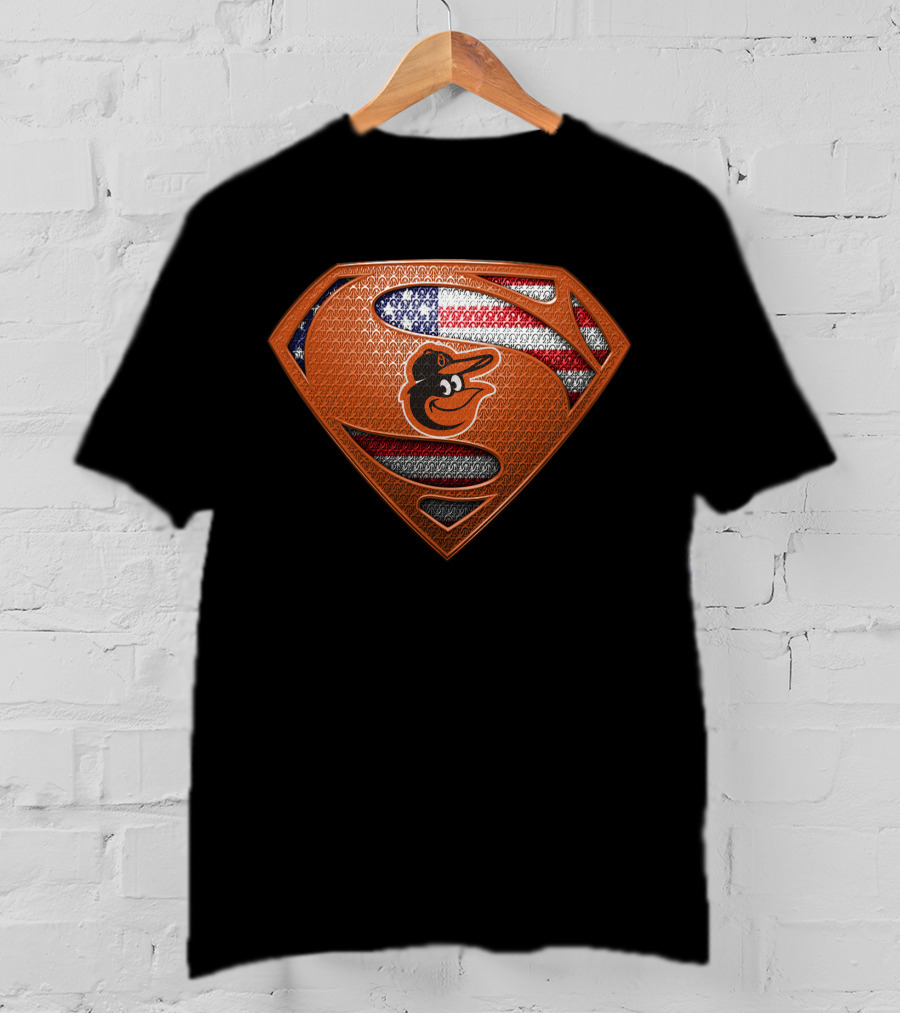 Baltimore Orioles Superman Logo American Flag Icon T-Shirt