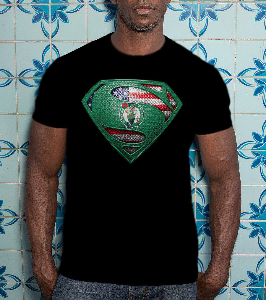 Boston Celtics Superman Logo With American Flag T-Shirt