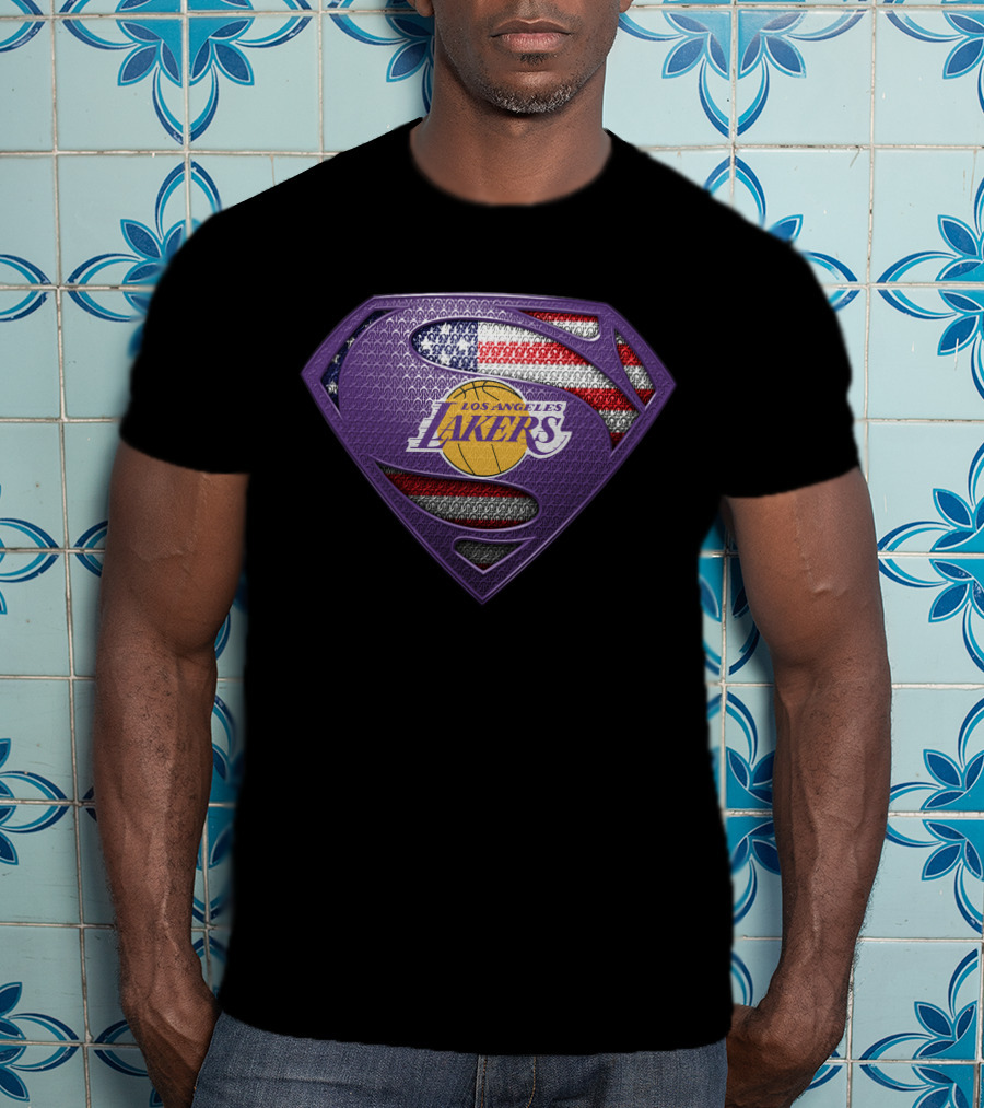 Los Angeles Lakers Superman Shield American Flag T-Shirt
