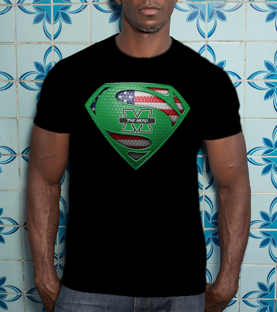 Marshall Thundering Herd Superman Logo With American Flag Element T-Shirt
