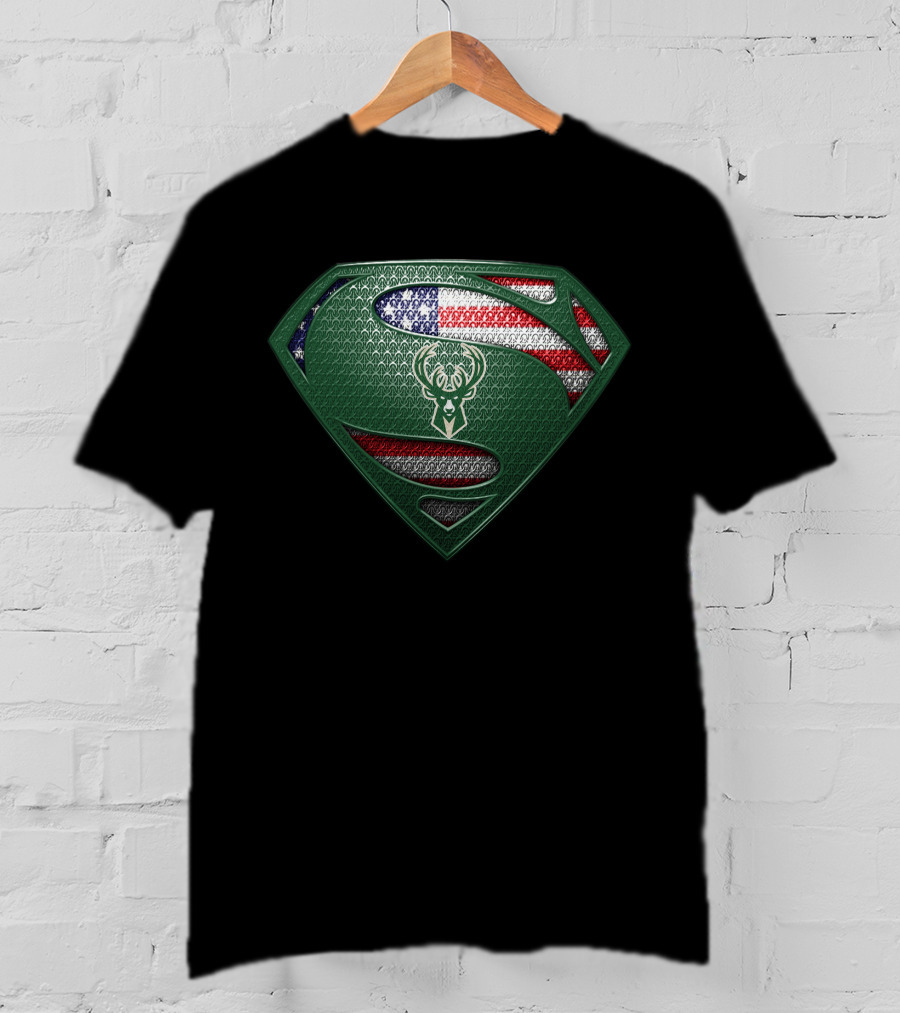 Milwaukee Bucks Superman Logo With American Flag T-Shirt