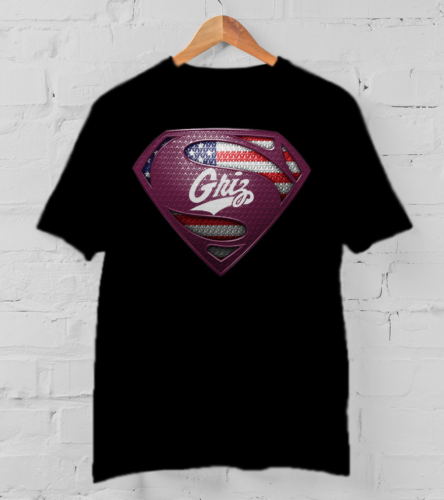 Montana Grizzlies Griz Superman Shield With American Flag T-Shirt