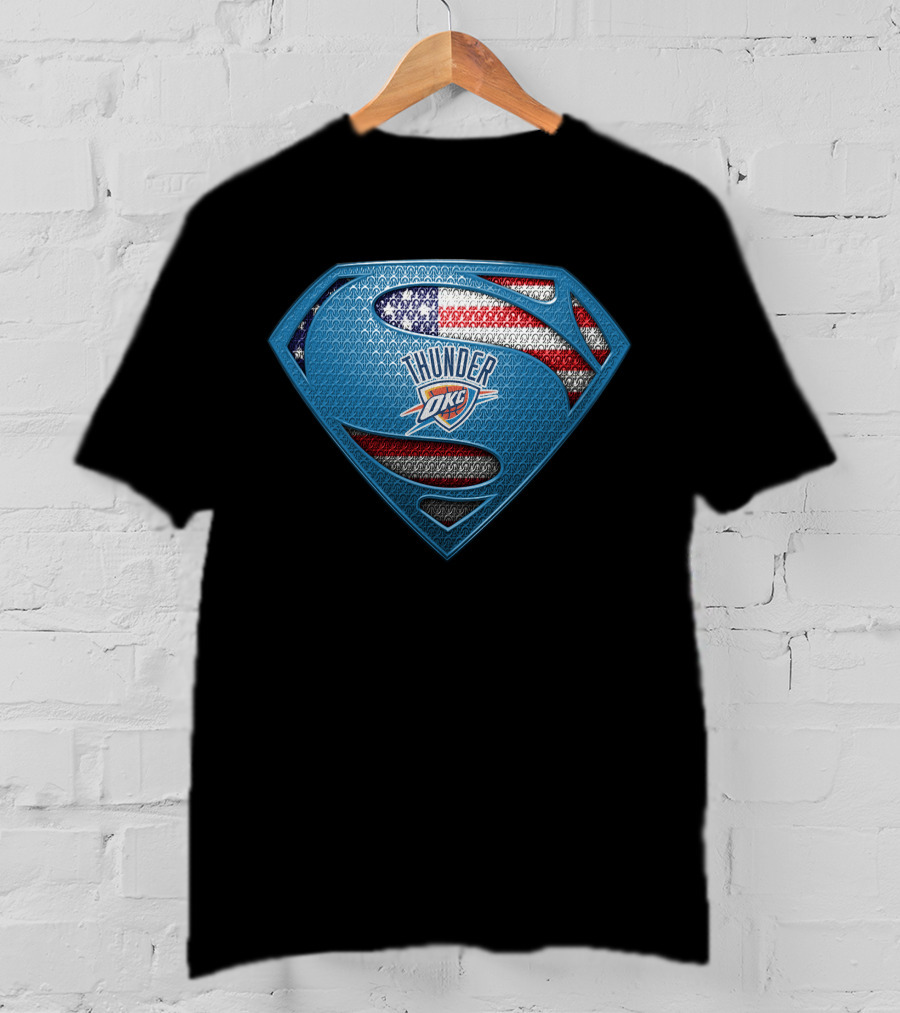 Oklahoma City Thunder Superman Shield With Usa Flag T-Shirt