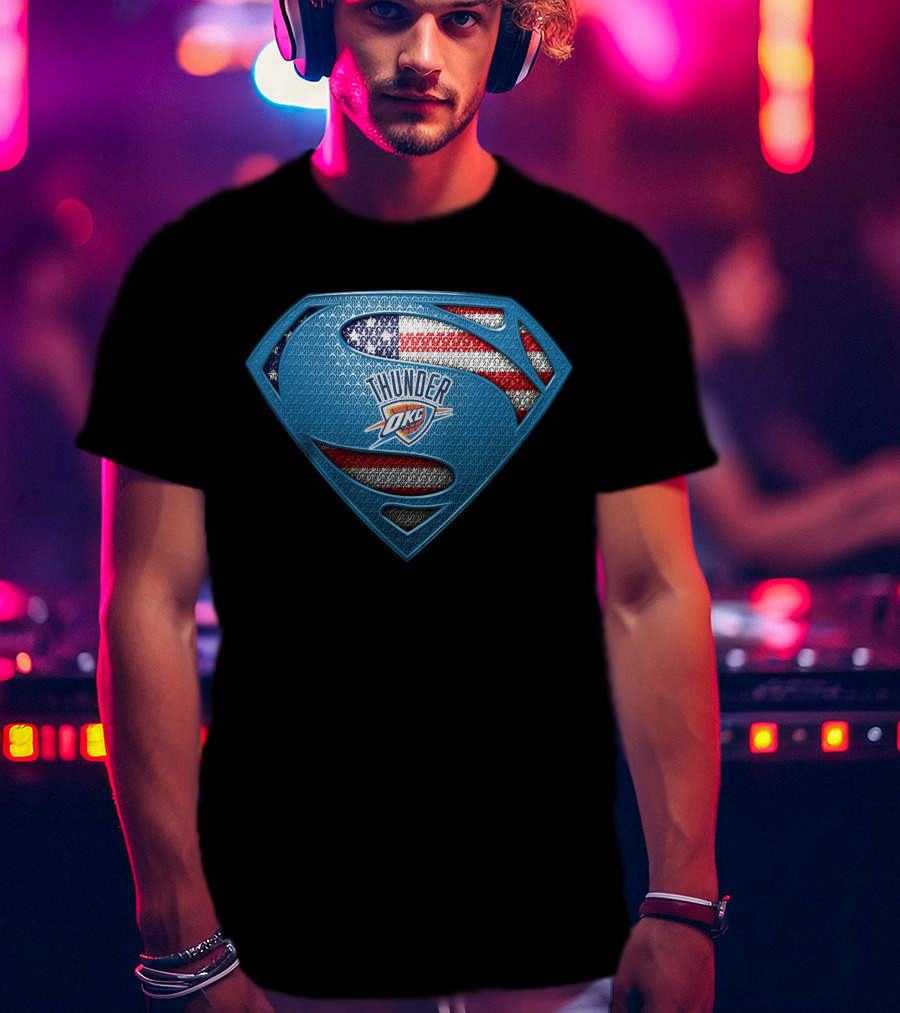 Superman Shield With Oklahoma City Thunder Okc Logo And American Flag T-Shirt