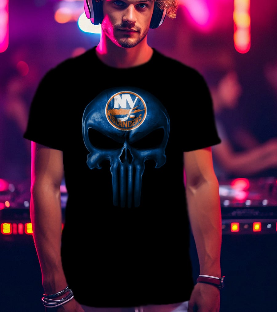 New York Islanders Skull Logo Dark Blue Punisher Style T-Shirt