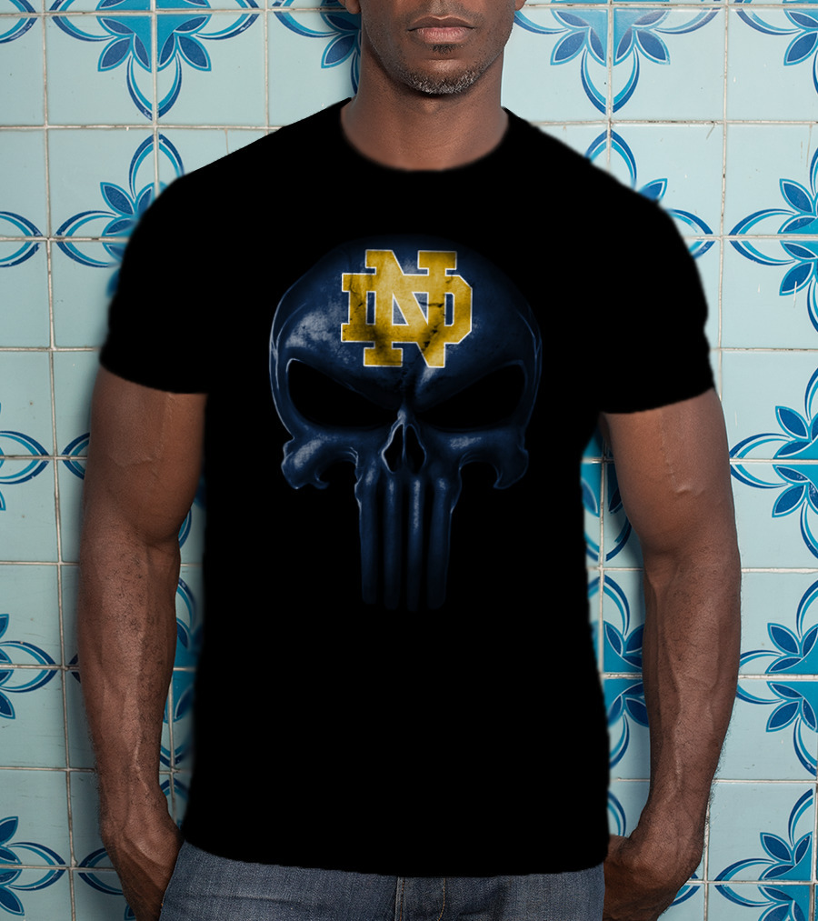 Notre Dame Fighting Irish Skull Design Nd Logo Blue And Gold T-Shirt