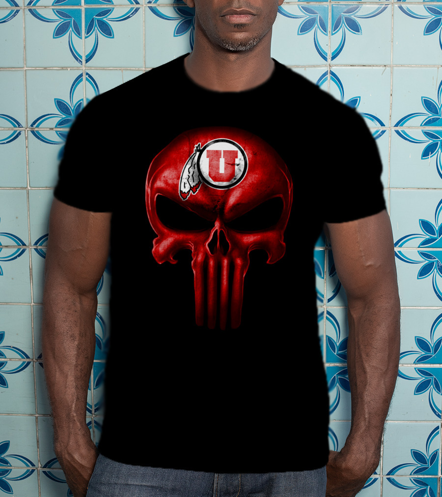Utah Utes Punisher Skull Red Feathers T-Shirt