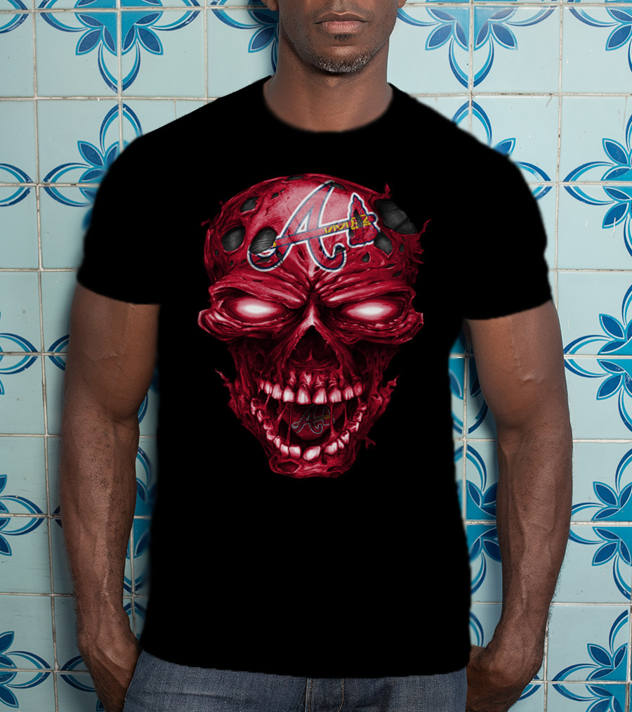 Atlanta Braves Red Skull With Team Logo And Tomahawk T-Shirt