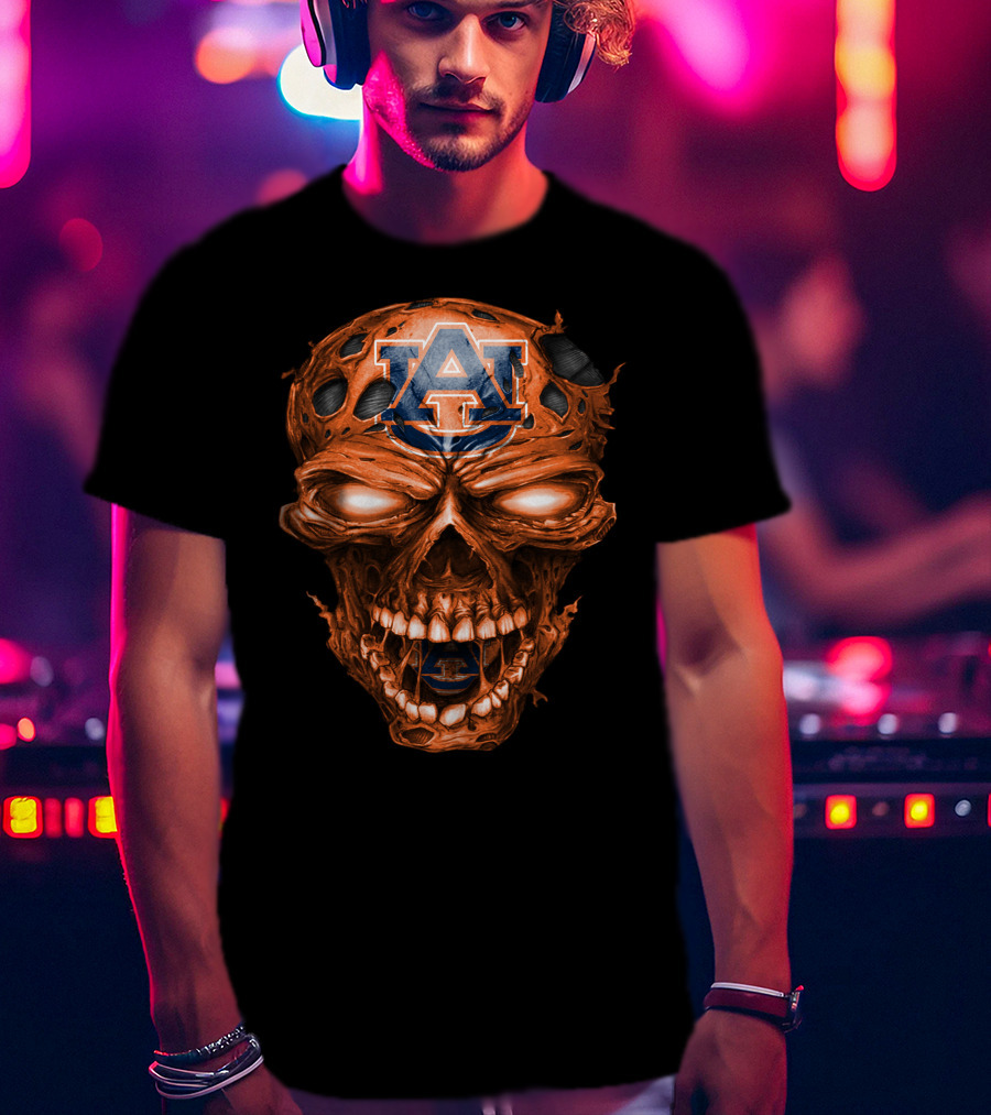 Auburn Tigers Skull With Auburn Logo And Fiery Eyes T-Shirt