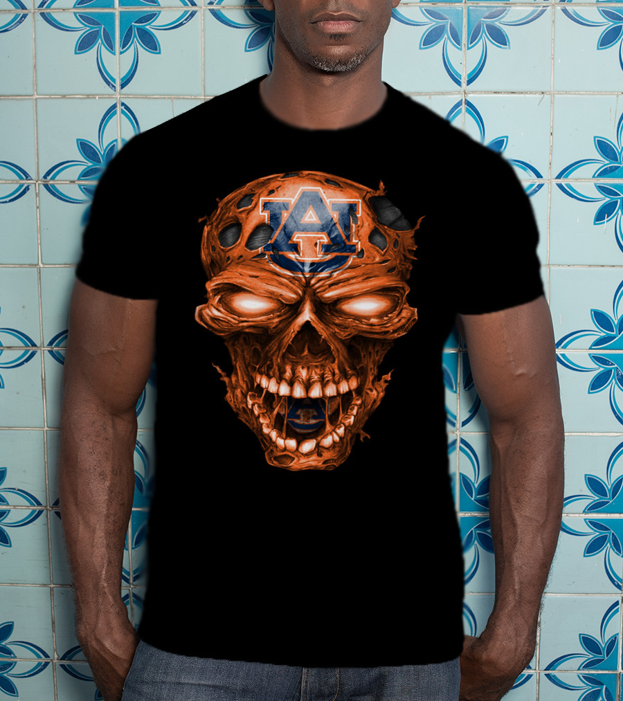 Auburn Tigers Skull With Auburn Logo And Fiery Eyes T-Shirt