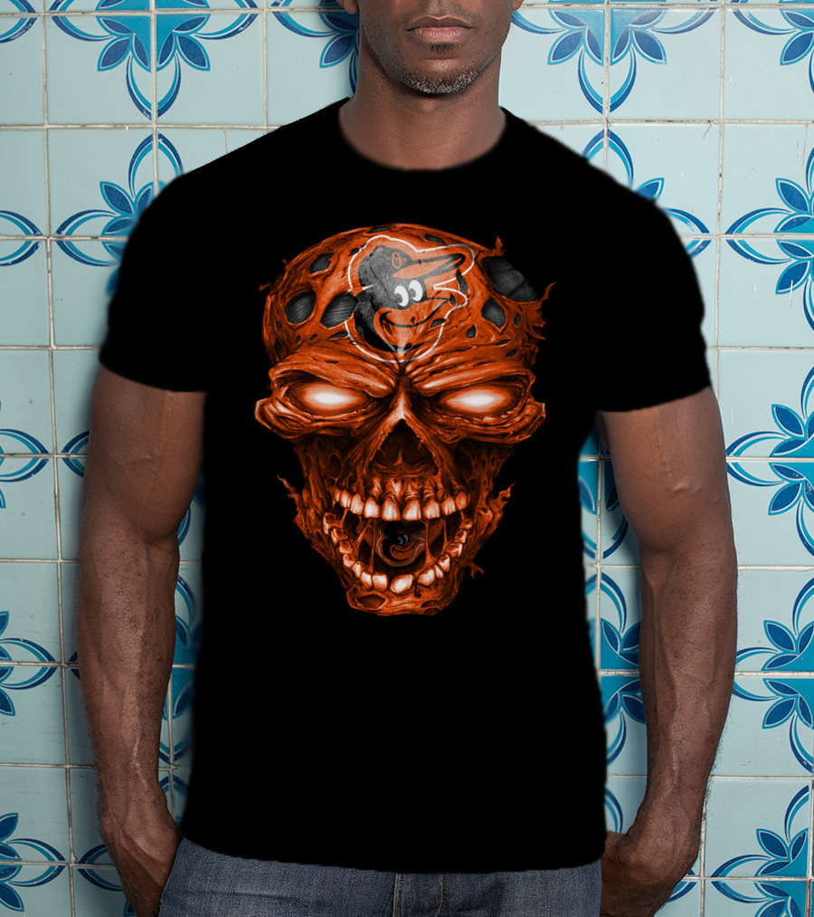 Baltimore Orioles Logo On Orange Skull T-Shirt