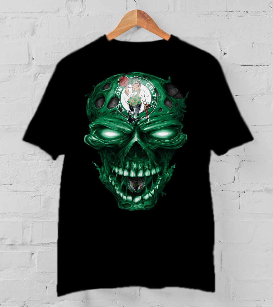 Boston Celtics Skull With Team Logo And Green Fire Eyes T-Shirt