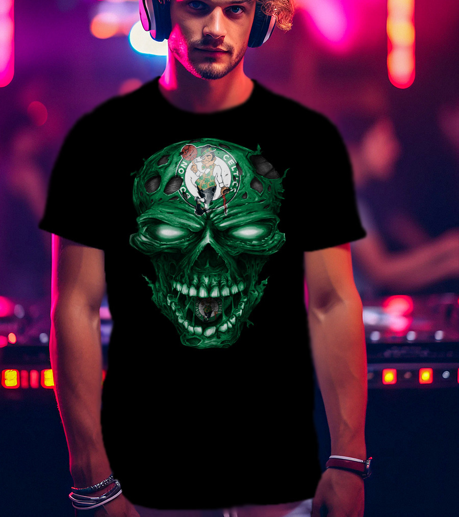 Boston Celtics Skull With Team Logo And Green Fire Eyes T-Shirt