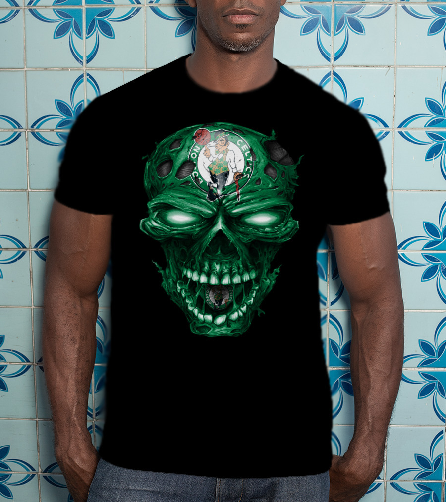 Boston Celtics Skull With Team Logo And Green Fire Eyes T-Shirt