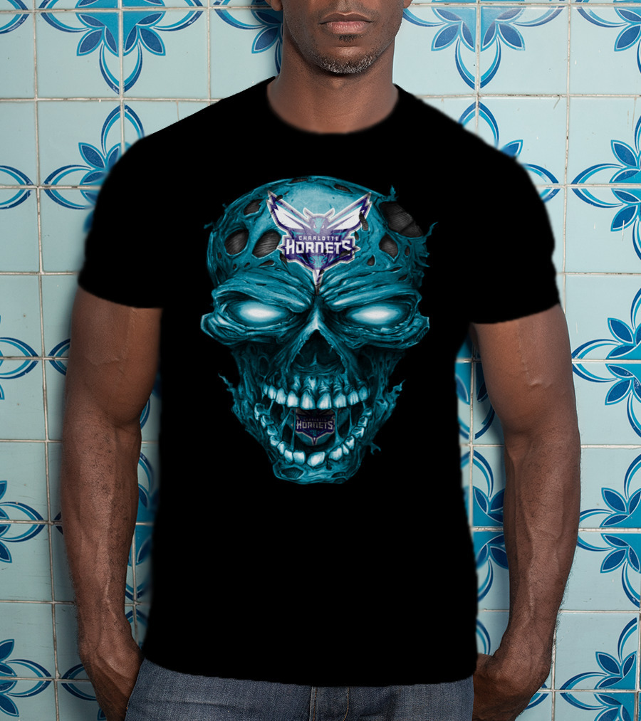 Charlotte Hornets Skull Logo Creepy Blue T-Shirt