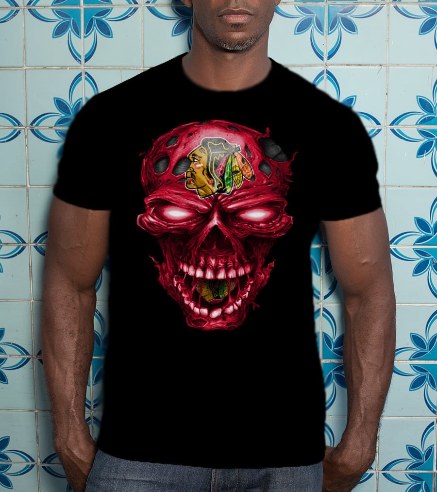 Chicago Blackhawks Skull Red Grunge Horror Style T-Shirt