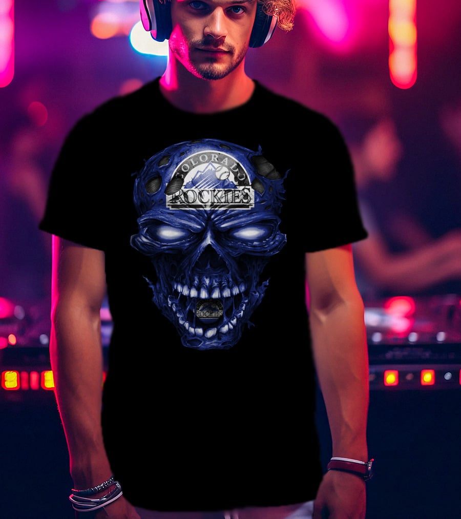 Colorado Rockies Skull Logo With Blue Fiery T-Shirt