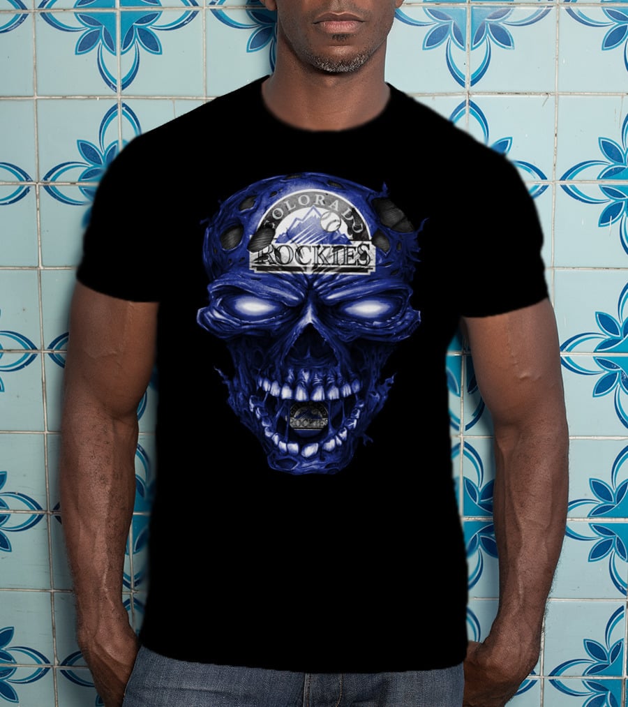 Colorado Rockies Skull Logo With Blue Fiery T-Shirt