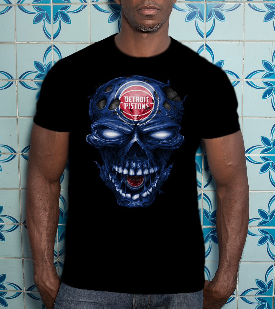 Detroit Pistons Skull Grunge Blue Basketball T-Shirt