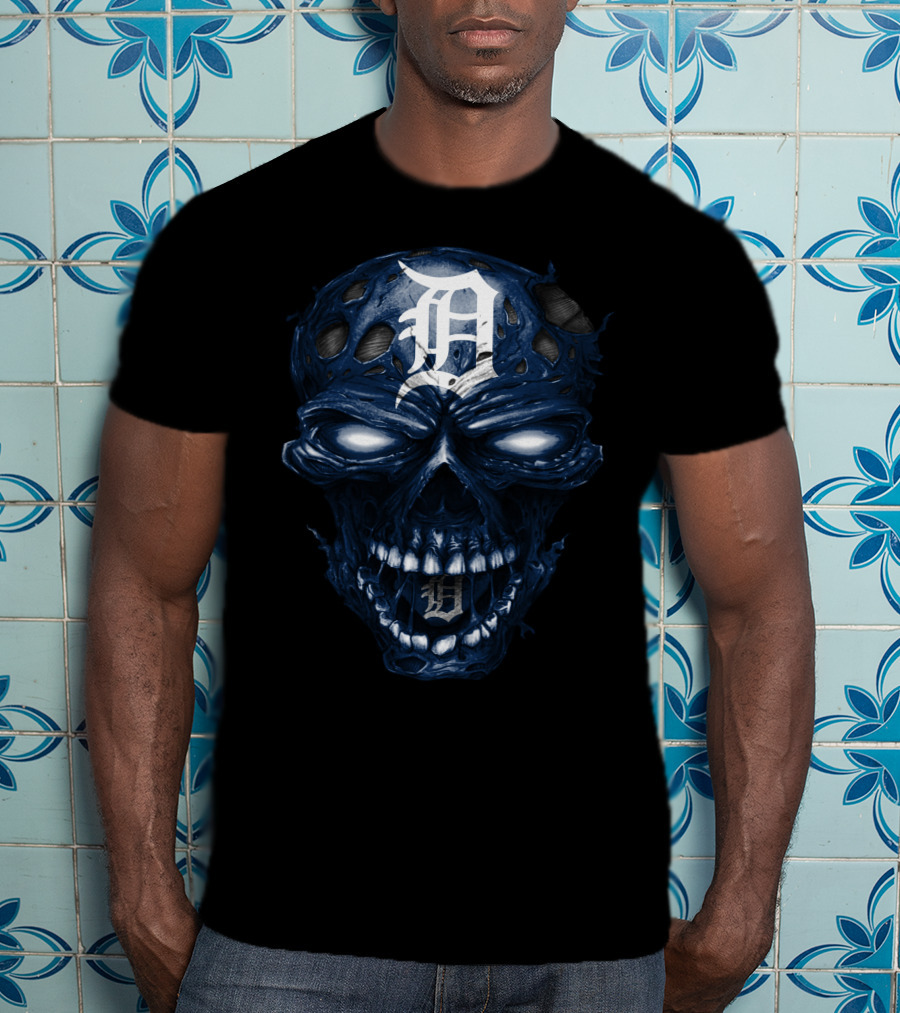 Detroit Tigers Skull Dark Blue White Logo Fusion T-Shirt