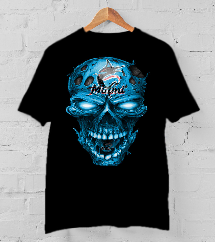 Miami Marlins Skull Blue Baseball T-Shirt